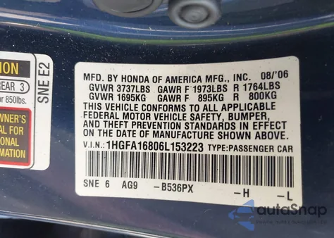 2006 Honda Civic Ex z USA, uszkodzony, nr VIN 1HGFA16806L153223